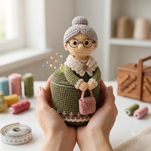 Può includere: Una bambola all'uncinetto a forma di persona anziana con capelli grigi raccolti in uno chignon, occhiali neri rotondi, abito verde con colletto in pizzo bianco e una piccola borsa rosa. La bambola funge da puntaspilli con spilli colorati.