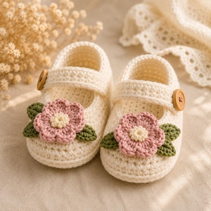 Op de afbeelding: Een paar crèmekleurige gehaakte babyschoentjes met een bandje en een enkele houten knoop. Elke schoen is versierd met een gehaakte roze bloem met een crèmekleurig hart en twee kleine groene blaadjes aan de voorzijde van het bovenwerk.