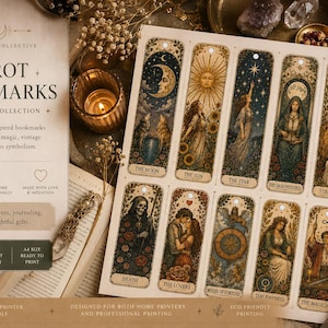 Puede incluir: Un conjunto de diez marcadores inspirados en el tarot con ilustraciones vintage. Cada marcador muestra una carta diferente, como La Luna, El Sol y La Estrella. El diseño incluye el texto "Tarot Bookmarks + Printable Collection".