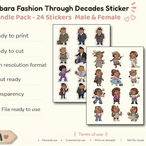 Puede incluir: Un paquete de pegatinas con 24 ilustraciones de carpinchos vestidos con atuendos de diferentes décadas. Las pegatinas están listas para imprimir y cortar, y están en formato PNG de alta resolución. El diseño incluye el texto "Capybara Fashion Through Decades Sticker".