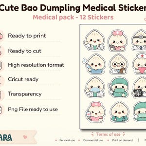 Puede incluir: Una hoja de pegatinas con lindos bao dumplings vestidos como profesionales médicos. Las pegatinas incluyen varios diseños, como dumplings con estetoscopios, portapapeles y mascarillas quirúrgicas. Texto en la hoja: "Cute Bao Dumpling Medical Sticker" y "Medical pack - 12 Stickers".