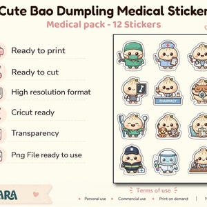 Puede incluir: Una hoja de 12 pegatinas con temática médica con lindos personajes de bao dumpling. Las pegatinas están listas para imprimir, cortar y están en formato PNG de alta resolución. El texto de la hoja dice "Cute Bao Dumpling Medical Sticker."