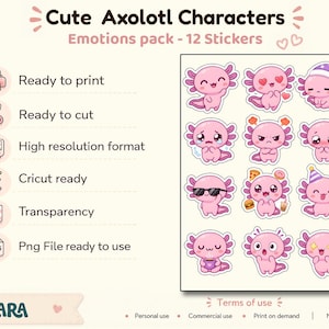 Puede incluir: Una hoja de 12 pegatinas de ajolotes rosas con varias emociones. Las pegatinas están listas para imprimir y cortar, y están en formato PNG de alta resolución. El texto en la parte superior dice "Cute Axolotl Characters Emotions pack - 12 Stickers."