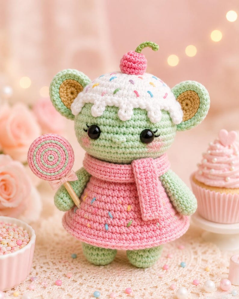 May include: A handmade crochet mouse doll wearing a pink dress and scarf, holding a lollipop. The mouse has a cupcake-shaped head with a cherry on top. The doll is green with pink cheeks and black eyes. A cupcake is in the background.