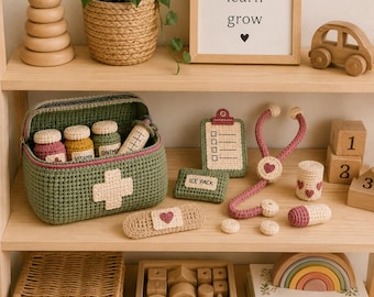 Kit de médico de crochê em PDF, brinquedo educativo para brincar de faz-de-conta, amigurumi de primeiros socorros