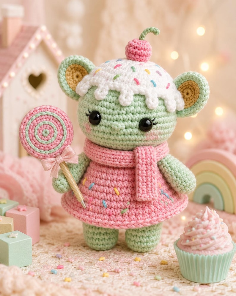 May include: A crocheted mouse doll with a cupcake-shaped head, wearing a pink dress and scarf, and holding a lollipop. The doll has a cherry on top and is decorated with colorful sprinkles. A cupcake and a rainbow are in the background.