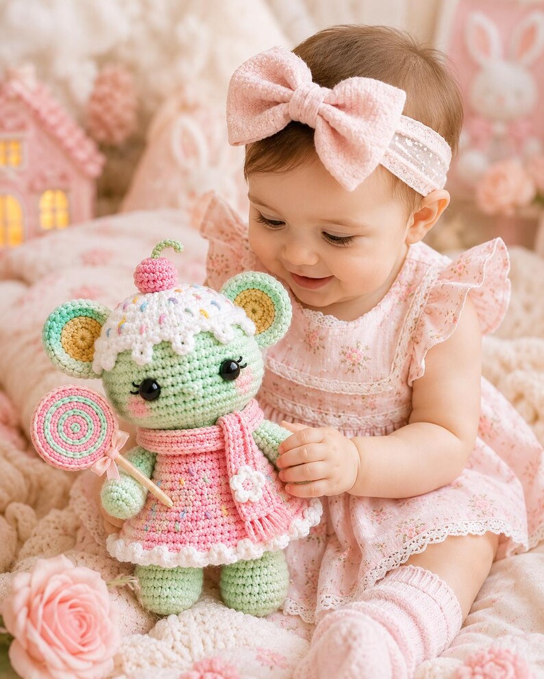 May include: A crochet doll in the shape of a mouse, wearing a pink dress and scarf, holding a lollipop. The doll has a green body, yellow ears, and a white hat with sprinkles. A baby in a pink dress and bow headband is holding the doll.