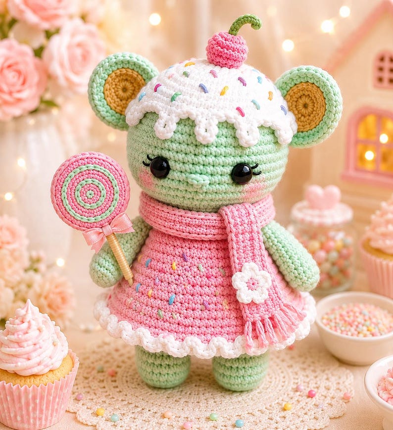 May include: A handmade crochet mouse doll with a cupcake-shaped hat, a pink dress, and a matching scarf. The doll holds a lollipop and has black eyes. The color palette includes pastel pink, green, white, and yellow.