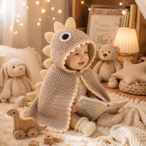 Puede incluir: Un bebé con una capa y capucha de dinosaurio de ganchillo hechas a mano, sonriendo. La capa es de color beige con detalles amarillos, y la capucha presenta un ojo grande y detalles puntiagudos. El bebé sostiene un libro titulado "Little Adventures".