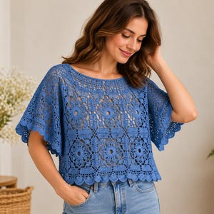 Boho mormor fyrkantig virkad tröja PDF-mönster, överdimensionerad crop top med klockärm, nybörjare nedladdning