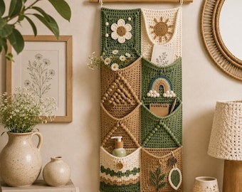 PDF de bolso de armazenamento de parede boho, tutorial digital de decoração para casa.