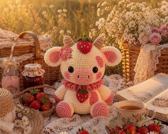 Strawberry Cow Crochet Plush Pattern, Kawaii Amigurumi Toy Tutorial (PDF Download)