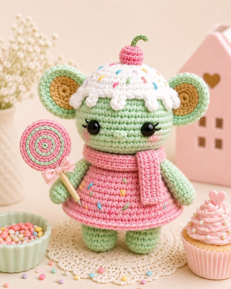 May include: A crocheted green creature wearing a pink dress and scarf, topped with a cupcake-shaped hat with a cherry. It holds a pink and green lollipop. The doll is on a white doily, with a cupcake and a bowl of sprinkles nearby.
