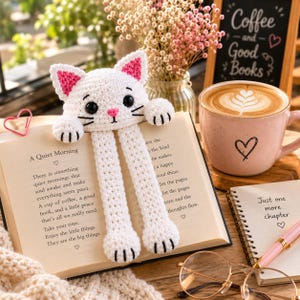 May include: A white crocheted cat bookmark with pink inner ears, black eyes, and a pink nose, resting on an open book titled A Quiet Morning. The bookmark features two long white dangling legs with black stitched paw details at the ends.