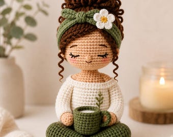 Cozy Self Care Doll Crochet Pattern PDF, Amigurumi Shelf Sitter, Cottagecore Doll