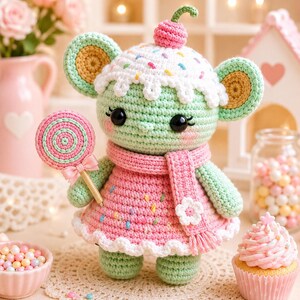 May include: A crocheted mouse doll with a cupcake-shaped head, wearing a pink dress and scarf, and holding a lollipop. The doll is green, pink, and white, with black eyes and a cherry on top. The doll is approximately 6 inches tall.