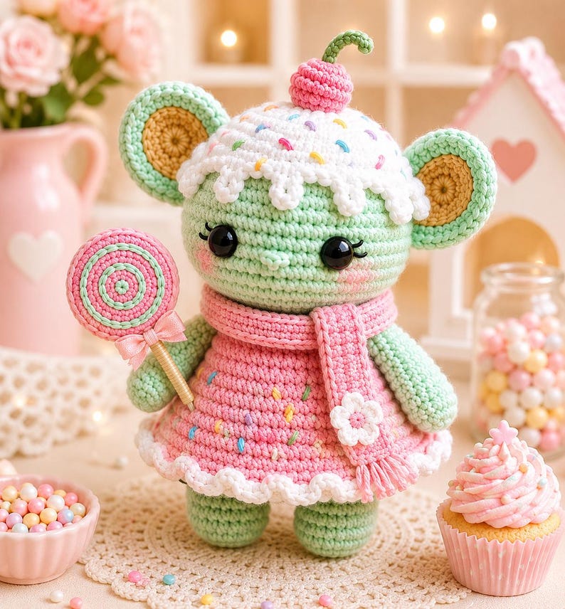 May include: A crocheted mouse doll with a cupcake-shaped head, wearing a pink dress and scarf, and holding a lollipop. The doll is green, pink, and white, with black eyes and a cherry on top. The doll is approximately 6 inches tall.