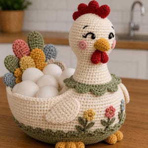 May include: A cream-coloured crochet chicken egg basket. The basket has a red comb, yellow beak, and pink cheeks. It is filled with white eggs and decorated with colourful flowers and a green trim. A charming handmade item.
