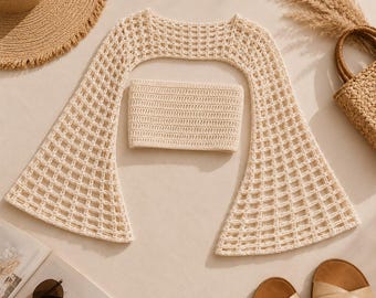 Molde em PDF para casaquinho de crochê com mangas sino, tutorial para top bandeau com mangas de tule
