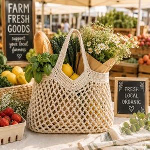 May include: A beige crocheted market bag filled with fresh produce, including lemons, kale, and a baguette. A bouquet of white flowers and a small chalkboard sign that reads "Fresh Local Organic" are also visible. The scene is set at a farmer's market.
