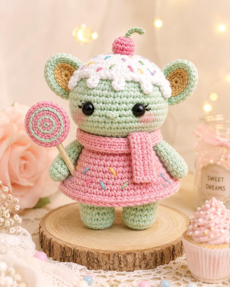 May include: A crocheted doll in the shape of a mouse, wearing a pink dress and scarf, and holding a lollipop. The mouse has a white and sprinkle-covered head, topped with a pink cherry. The doll is standing on a wooden slice.