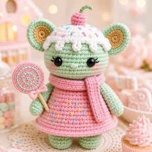 May include: A crocheted mouse doll with a cupcake-shaped head, wearing a pink dress and scarf. The doll holds a lollipop. The mouse is green with a white frosting and sprinkle design on its head. A pink cherry tops the head.