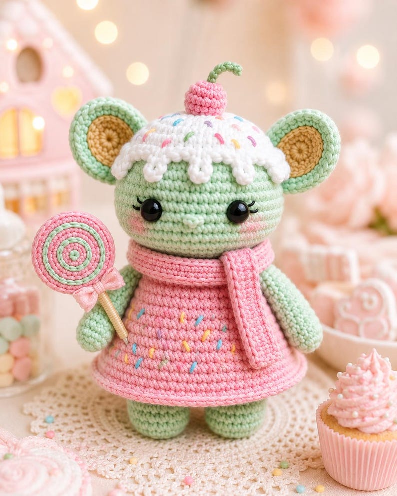 May include: A crocheted mouse doll with a cupcake-shaped head, wearing a pink dress and scarf. The doll holds a lollipop. The mouse is green with a white frosting and sprinkle design on its head. A pink cherry tops the head.