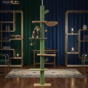 Peut inclure: Un arbre &agrave; chat vert et beige avec plusieurs plateformes, un hamac et des jouets suspendus. Un chat est perch&eacute; sur l'une des plateformes. L'arbre &agrave; chat a un design en forme de cactus et est plac&eacute; dans une pi&egrave;ce avec des &eacute;tag&egrave;res dor&eacute;es et des rideaux verts et bleus.