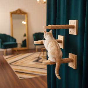 Op de afbeelding: Een lichtoranje kat beklimt een houten kattenklimrek dat aan een teal gordijn is bevestigd. De plank heeft drie niveaus met een natuurlijk touw dat om de houten platforms is gewikkeld. De kat kijkt weg van de camera.