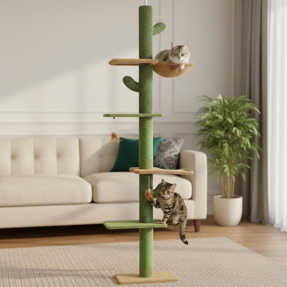 Modern Indoor Cat Tree with Cozy Hammock and Durable Green Fabric for Playful Cats