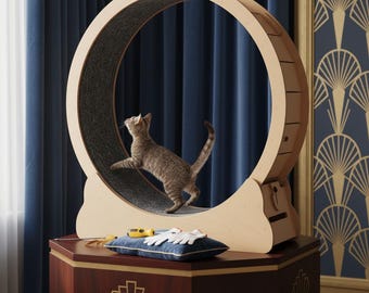 Roue d'exercice en bois pour chat pour jouer à l'intérieur, finition naturelle, sûre et amusante
