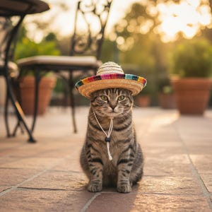 May include: A tabby cat wearing a miniature sombrero with colourful trim and a chin strap. The cat is sitting on a brick patio, with a blurred background of outdoor furniture and potted plants.