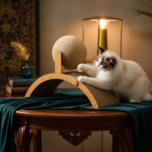 Puede incluir: Un rascador para gatos con una superficie para rascar de sisal beige y un juguete de bola tejida. El marco de madera tiene un diseño arqueado. Un gato esponjoso con marcas marrones interactúa con el juguete.