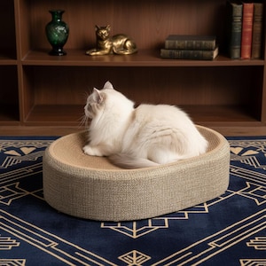 Oval kattkorg och klösbräda i vävd naturlig sisal med mjuk tygbotten