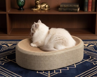 Panier ovale pour chat et griffoir en sisal naturel tressé avec une base en tissu doux