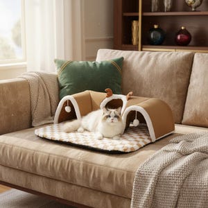 May include: A brown cat tunnel with reindeer antlers and a white plush interior sits on a patterned cat bed. A white and brown cat is resting inside the tunnel on a beige sofa with a green pillow and a beige throw blanket.
