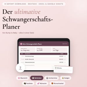 May include: A digital pregnancy planner displayed on a tablet, with a soft pink background. The planner's interface shows a calendar, milestones, and various tabs for organization. Text includes "Mein Schwangerschafts-Planer" and "Der ultimative Schwangerschafts-Planer".