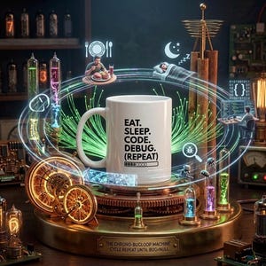 Peut inclure: Une tasse à café blanche avec le texte "EAT. SLEEP. CODE. DEBUG. (REPEAT)" est posée sur une plateforme de couleur laiton avec des engrenages et des accents lumineux. L'image a une esthétique steampunk, avec des instruments scientifiques et un programmeur.