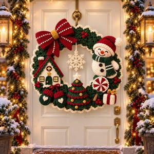 Puede incluir: Una corona navideña redonda hecha de hilo de ganchillo verde oscuro, con un gran lazo rojo, un copo de nieve blanco, un muñeco de nieve, una casita, un árbol de Navidad decorado, un par de manoplas, un caramelo de menta y una caja de regalo.