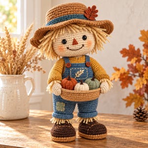 Op de afbeelding: Een gehaakte vogelverschrikkerpop met een bruine hoed met een blaadje, een geel shirt met lange mouwen en een blauwe tuinbroek met een geborduurde korenaar. De pop houdt een mandje vast met drie miniatuurpompoenen in oranje, wit en groen.