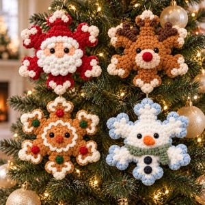 May include: Four crochet snowflake ornaments hanging on a Christmas tree. The top left is a red and white Santa, the top right is a brown reindeer, the bottom left is a tan gingerbread person, and the bottom right is a white and blue snowman.