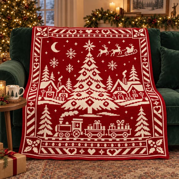 Christmas Wonderland Blanket Overlay Mosaic Crochet Pattern | Christmas Village Afghan, Xmas Crochet Decor Winter Scene Blanket | PDF
