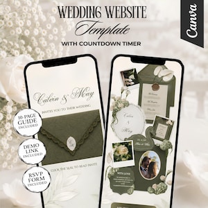 May include: A digital wedding website template displayed on two smartphones, featuring sage green envelopes, floral accents, and a countdown timer. Text includes "WEDDING WEBSITE Template WITH COUNTDOWN TIMER," "Calvin & May," and "10-PAGE GUIDE INCLUDED."