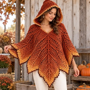 Modello PDF per poncho con cappuccio a forma di foglia all'uncinetto, mantello autunnale in pizzo