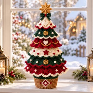 May include: A crocheted Christmas tree decoration featuring layered tiers in red, dark green, and cream. The tree is topped with a gold star and adorned with small white pom-poms, yellow snowflakes, red stars, and heart-shaped accents on a brown base.