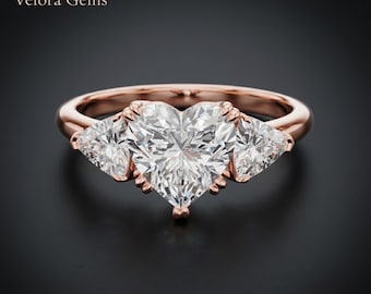 Heart Engagement Ring Rose Gold Lab Diamond Trillion Three Stone Bridal Wedding Anniversary Solitaire