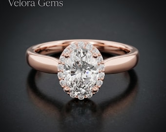 Anillo de compromiso ovalado con halo, oro rosa, diamante solitario, pavé nupcial, diamante cultivado en laboratorio, aniversario