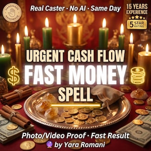 Könnte beinhalten: Eine Darstellung mit dem Text URGENT CASH FLOW FAST MONEY SPELL, umgeben von brennenden grünen und goldenen Kerzen, Zimtstangen, Goldmünzen und Kristallen auf rotem Untergrund. Enthält Text: Real Caster, No AI, Same Day, 15 YEARS EXPERIENCE, 5 STAR RATING, Photo/Video Proof, Fast Result, by Yara Romani.