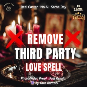 Peut inclure: Un plateau argenté avec trois bougies rouges allumées et une grenade coupée. Le texte indique : Handmade, Real Caster, No AI, Same Day, 15 Years Experience, 5 Star Rating, Remove Third Party Love Spell, Photo/Video Proof, Fast Result, by Yara Romani.