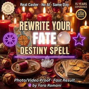 Puede incluir: Una colección de objetos espirituales que incluye una carta del tarot, una bola de cristal, velas rojas y doradas, un carrete de hilo rojo, un dedal y monedas de oro. Texto: Real Caster, No AI, Same Day, 15 Years Experience, 5 Star Rating, REWRITE YOUR FATE DESTINY SPELL, Photo/Video Proof, Fast Result, by Yara Romani.